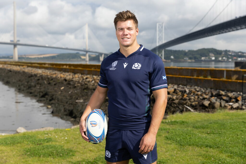 Huw Jones pictured at the Scotland squad announcement for the 2023 Rugby World Cup