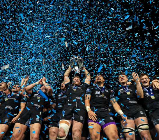 The Glasgow Warriors lift the trophy and celebrate as URC Champions 22/6/2024