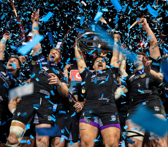 Huw Jones, Kyle Steyn, Sione Tuipulotu and Jack Dempsey celebrate during the trophy lift 22/6/2024