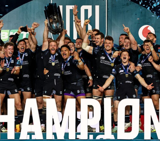 Kyle Steyn lifts the trophy and celebrates with his side as URC champions 22/6/2024